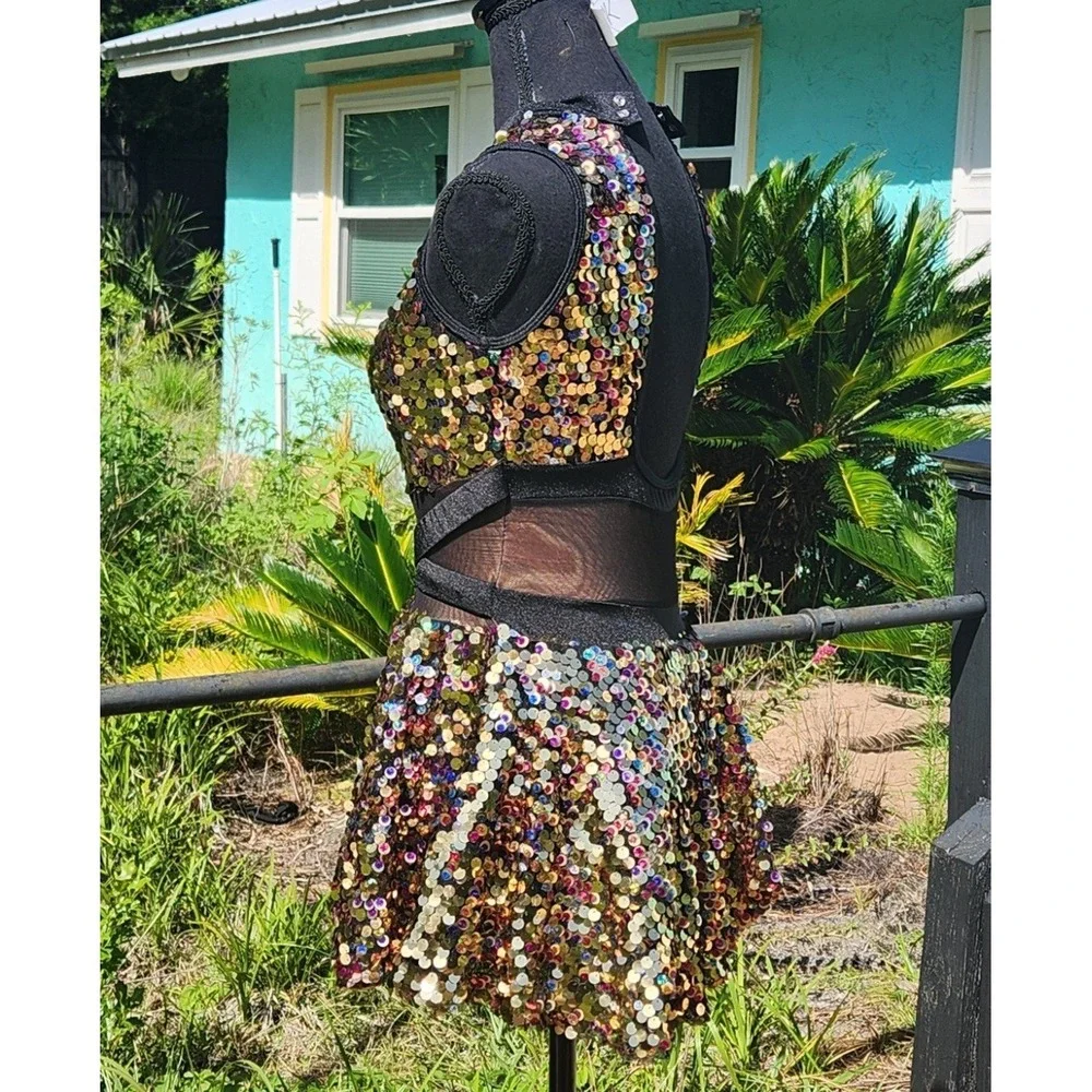 Gold Sequin Black Mesh DRESS Flare Skirt DANCE JAZZ Costume RC24605 XLC 26-30